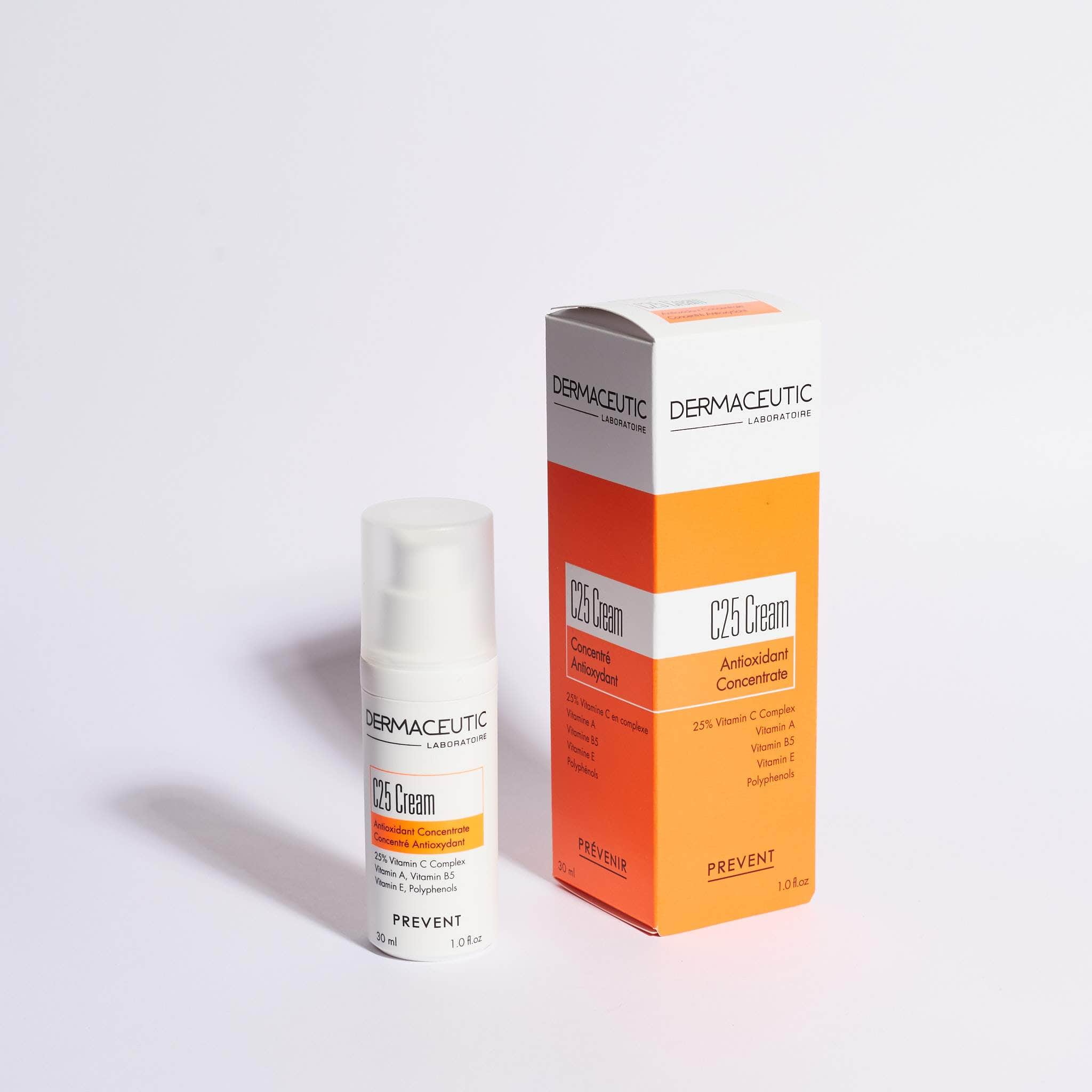 a bottle of Dermaceutic C25 Cream-30ml and its box packaging